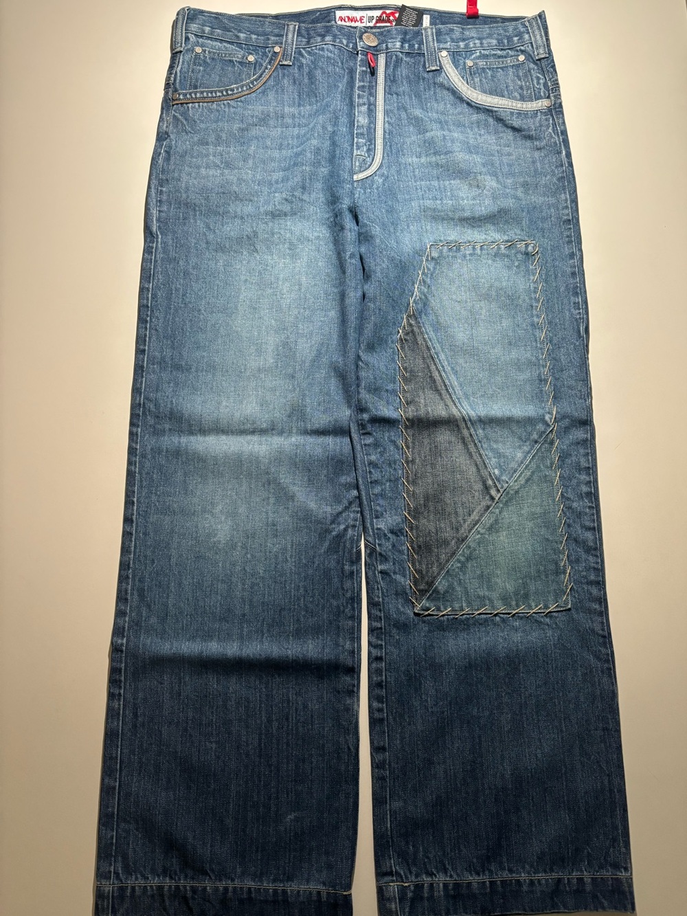 Embroidered multi denim patch colour double knee baggy size 42 skate jeans
